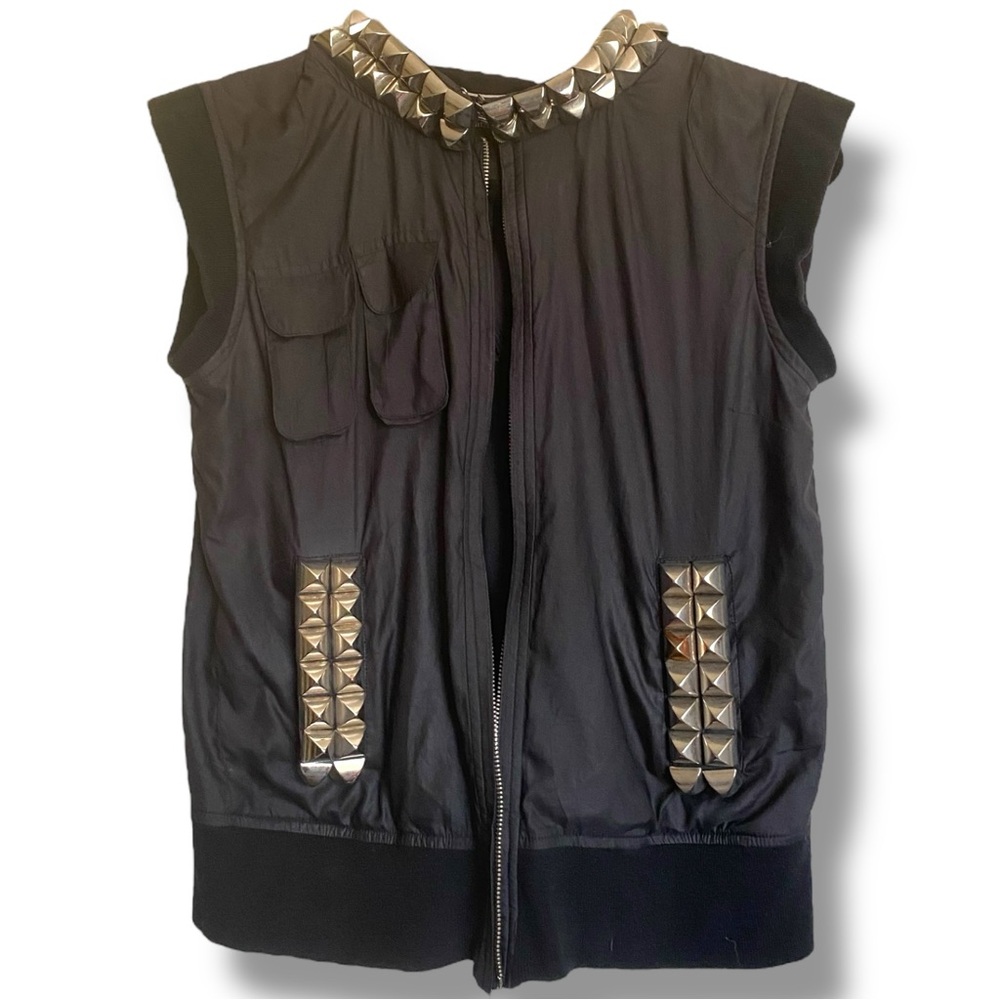 Philipp Plein Black Nylon Cargo Vest Large Triangle Heavy Studs Pockets Studded
